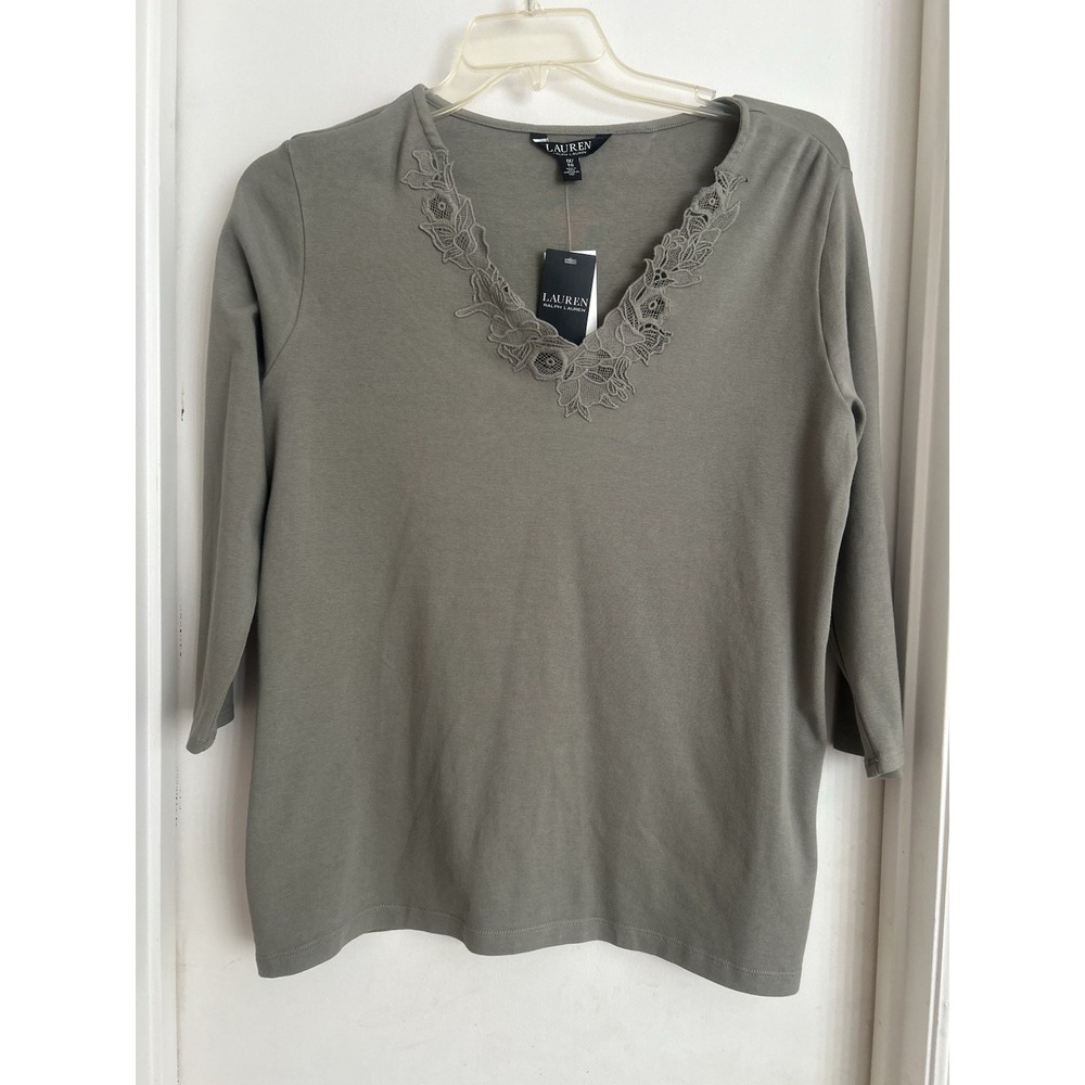 Ralph Lauren Women's 3/4 Sleeve Green Top With Lace Around Collar Size 1X NWT